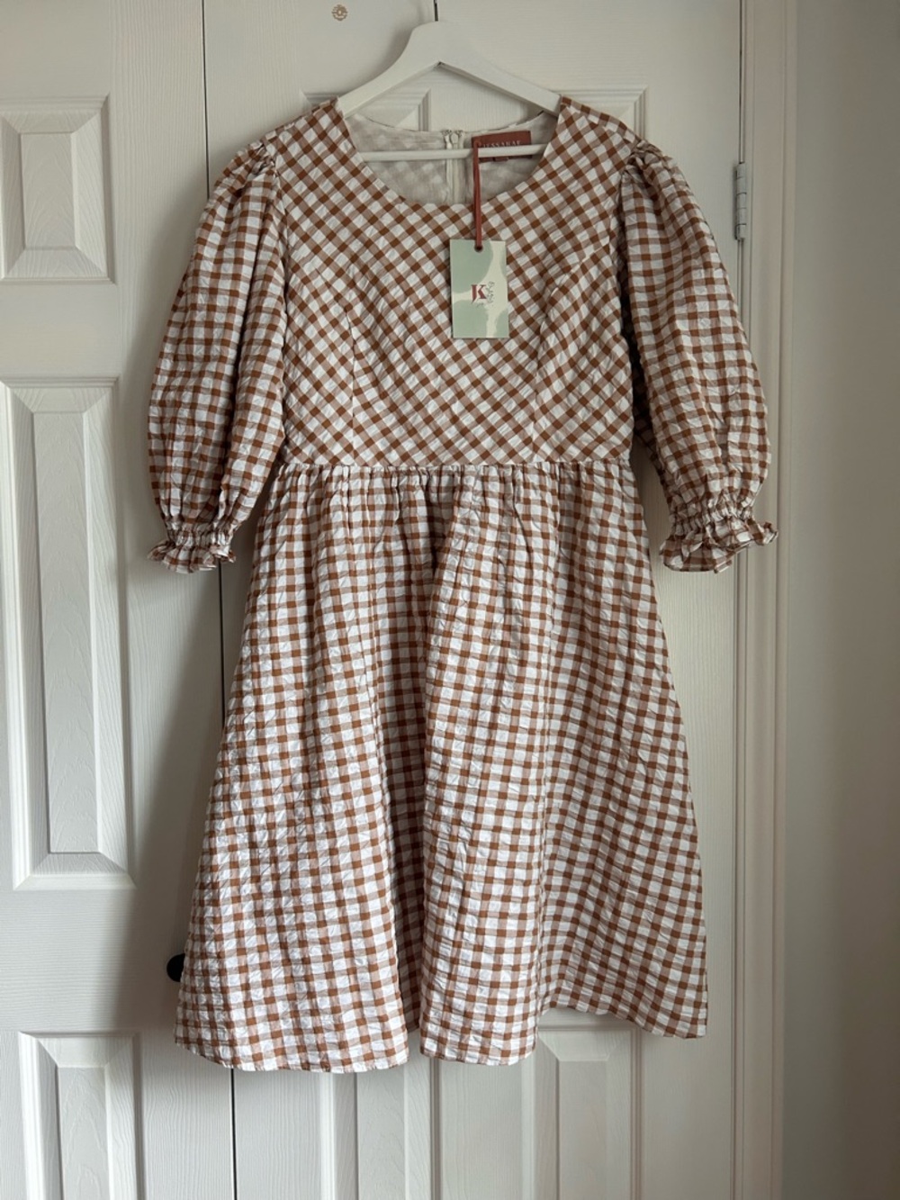 Jessakae Brown & White Gingham Puff-Sleeve Dress